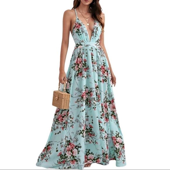 Floral Plunge Criss Cross Maxi Dress‎ - Picture 2 of 8